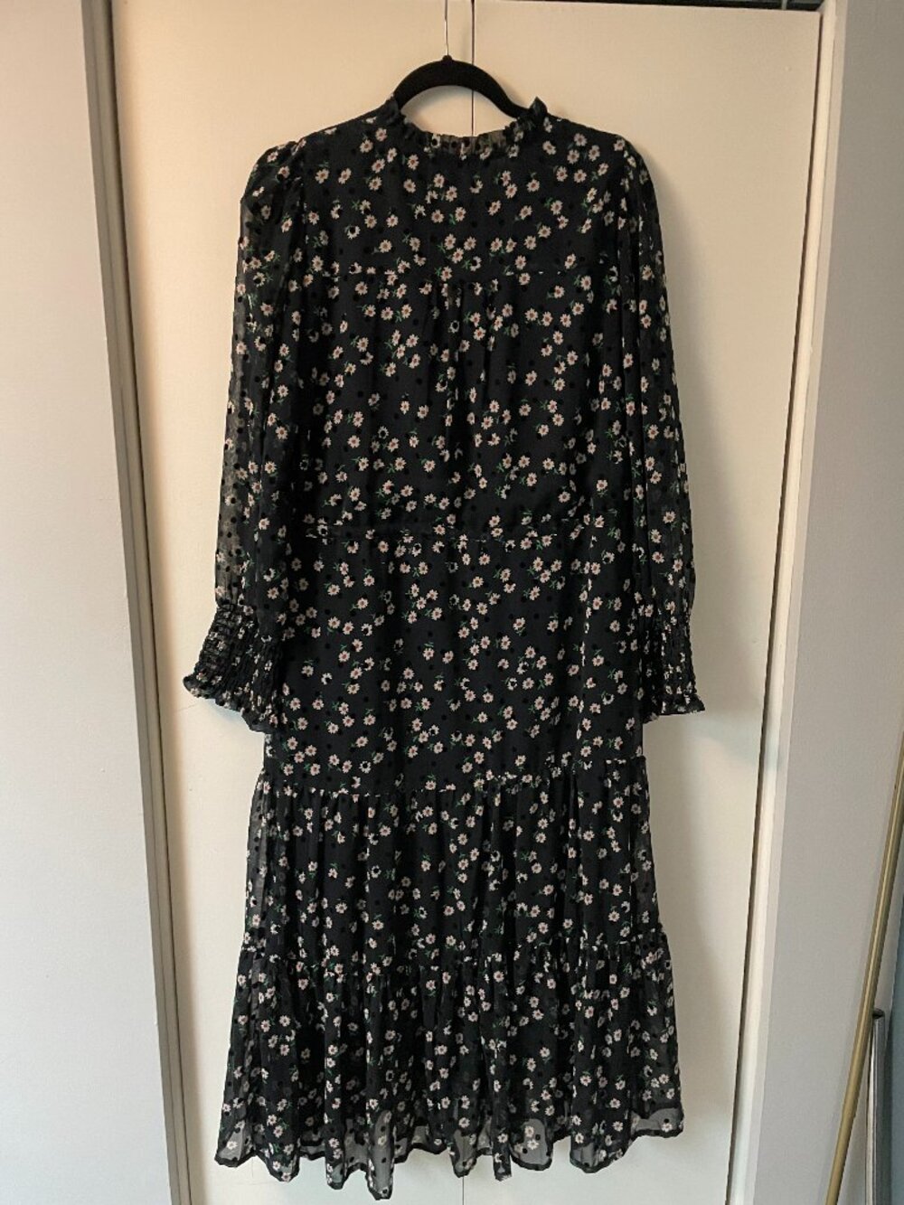 SAINT+ SOFIA Olivia Zip Up Dress Midi Tiered Black Daisy Spot w/ Pockets Sz 6
